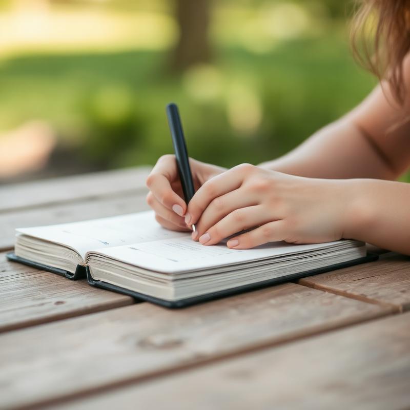 Hands writing in a journal